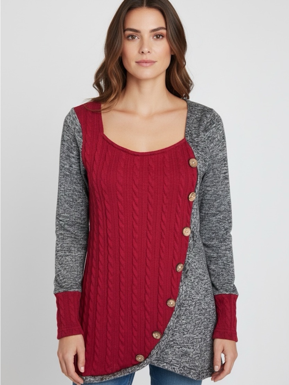 🫶🏻 Two-Tone Cable Knit Button Detail Sweater - Red/Gray